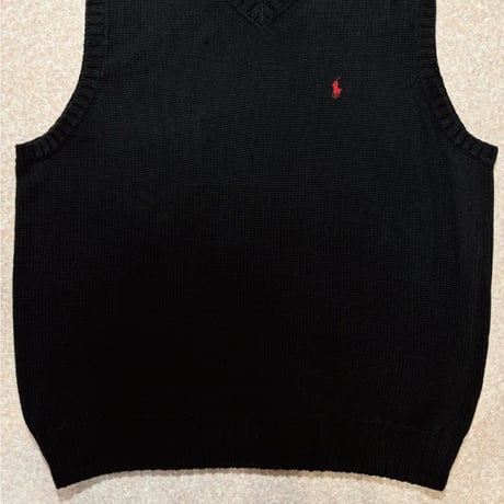 「Polo by Ralph Lauren (ポロラルフローレン)」90s 00s 10s M〜Lサイズ相当 コットン ブラック ポニー刺繍 ローゲージ ニット ベスト [2516091]