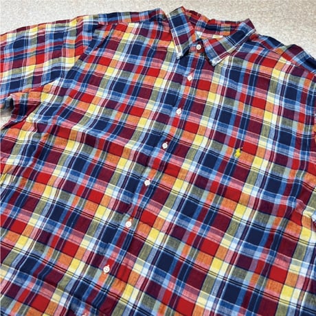 「RALPH LAUREN(ラルフローレン)」3XLT オーバーサイズ マドラスチェック リネン ボタンダウンシャツ [2205003]