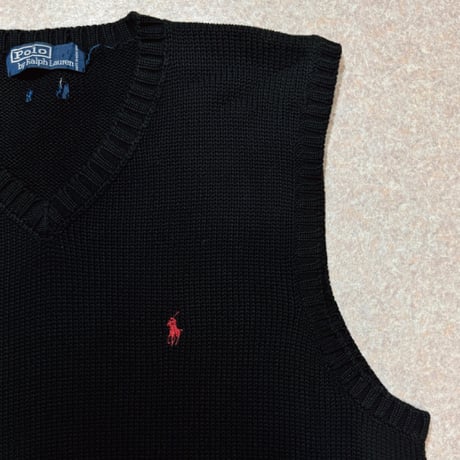「Polo by Ralph Lauren (ポロラルフローレン)」90s 00s 10s M〜Lサイズ相当 コットン ブラック ポニー刺繍 ローゲージ ニット ベスト [2516091]