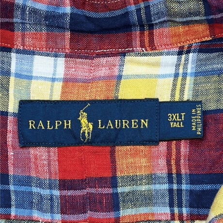「RALPH LAUREN(ラルフローレン)」3XLT オーバーサイズ マドラスチェック リネン ボタンダウンシャツ [2205003]
