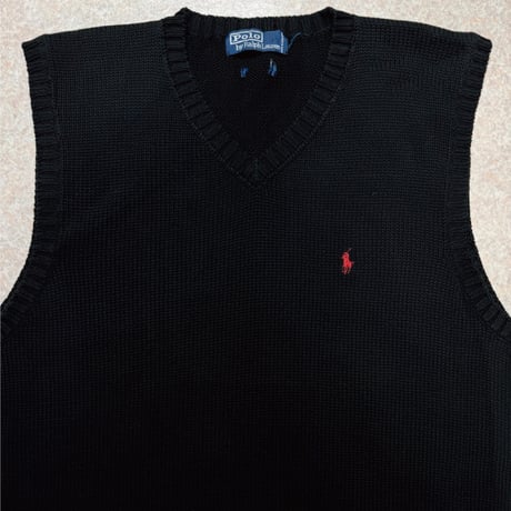 「Polo by Ralph Lauren (ポロラルフローレン)」90s 00s 10s M〜Lサイズ相当 コットン ブラック ポニー刺繍 ローゲージ ニット ベスト [2516091]