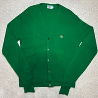 「LACOSTE(ラコステ)」IZOD アイゾッド 70s 80s 糸巻きタグ 青ワニ Mサイズ グリーン アクリルニット カーディガン [2211012]