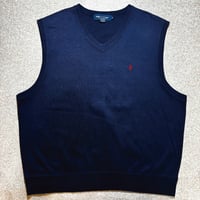 「POLO GOLF RALPH LAUREN(ポロゴルフラルフローレン)」80s 90s XLサイズ USA製 コットン ネイビー ポニー刺繍 ニット ベスト [2516002]