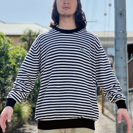 「LACOSTE(ラコステ)」SPORT スポーツ 90s 7サイズ ボーダー ウールアクリル 裏地付き クルーネック ヤッケ ニット セーター [2211045]