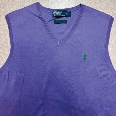「Polo by Ralph Lauren (ポロラルフローレン)」90s 00s 10s Lサイズ ピマコットン パープル ポニー刺繍 ニット ベスト [2516033]