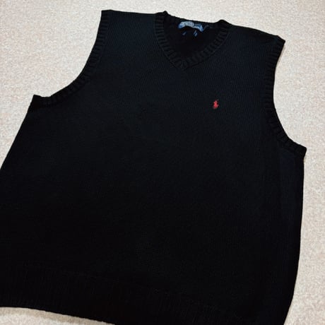 「Polo by Ralph Lauren (ポロラルフローレン)」90s 00s 10s M〜Lサイズ相当 コットン ブラック ポニー刺繍 ローゲージ ニット ベスト [2516091]