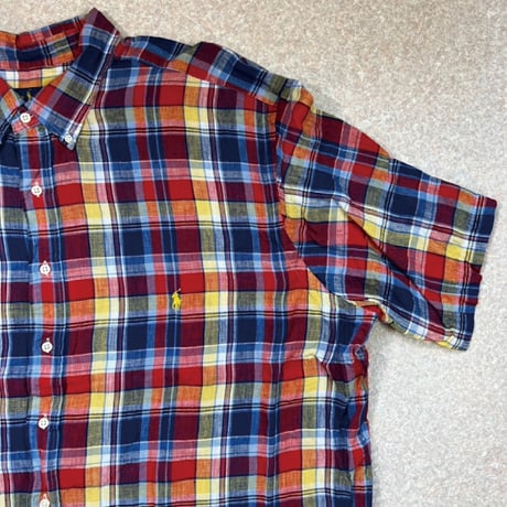 「RALPH LAUREN(ラルフローレン)」3XLT オーバーサイズ マドラスチェック リネン ボタンダウンシャツ [2205003]