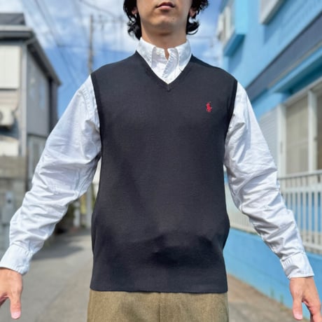 「POLO RALPH LAUREN(ポロラルフローレン)」10s 20s Mサイズ ピマコットン ブラック ポニー刺繍 ニット ベスト [2516085]