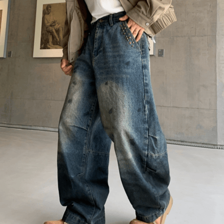 Spot Fade Studded Barrel Pants – Indigo