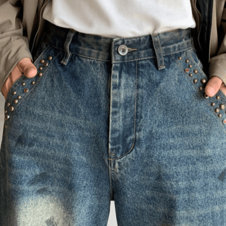 Spot Fade Studded Barrel Pants – Indigo