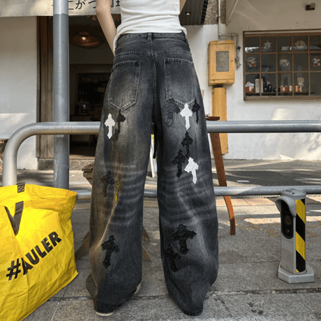 Charcoal Cross Damage Wide Denim