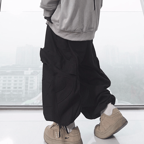 Emblem Cargo Barrel Pants-Black