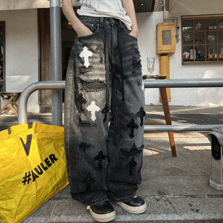 Charcoal Cross Damage Wide Denim