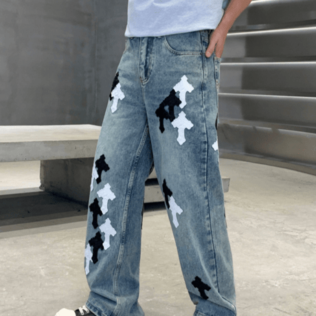 Monochrome Cross Patch Barrel Pants – Blue