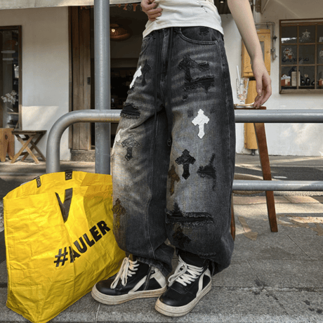 Charcoal Cross Damage Wide Denim