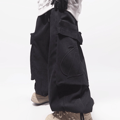 Emblem Cargo Barrel Pants-Black