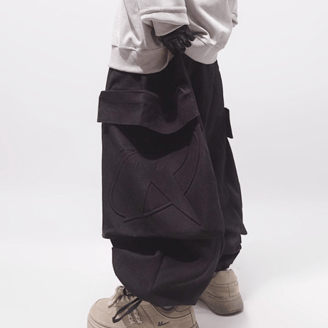 Emblem Cargo Barrel Pants-Black