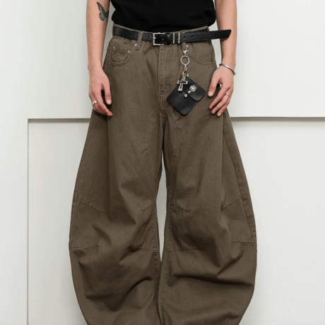 Curve Volume Barrel Pants-Brown