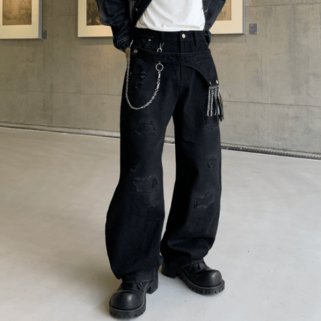 Chain Strap Distressed Barrel Pants