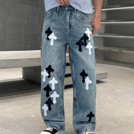 Monochrome Cross Patch Barrel Pants – Blue