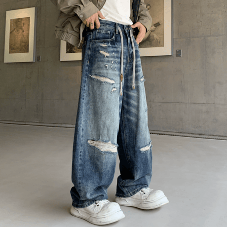 Rope Distressed Barrel Denim Pants