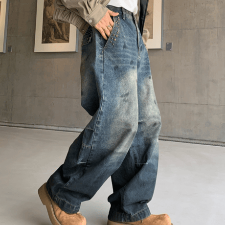 Spot Fade Studded Barrel Pants – Indigo