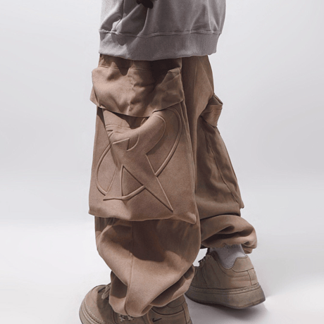 Emblem Cargo Barrel Pants-Brown