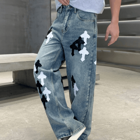Monochrome Cross Patch Barrel Pants – Blue