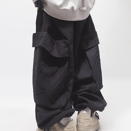 Emblem Cargo Barrel Pants-Black