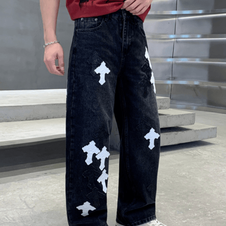 Monochrome Cross Patch Barrel Pants – Black