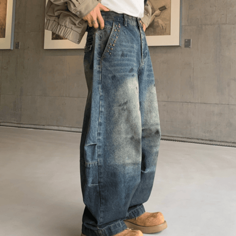 Spot Fade Studded Barrel Pants – Indigo