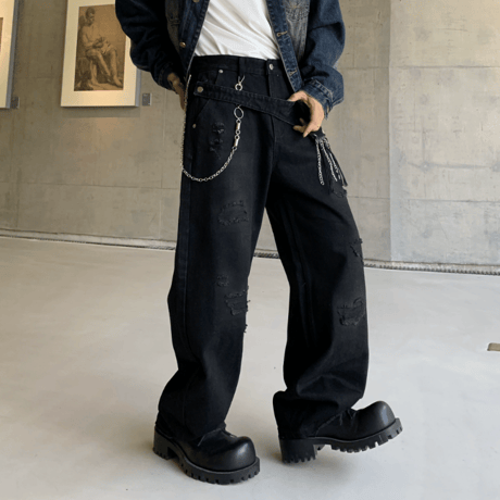 Chain Strap Distressed Barrel Pants
