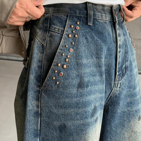 Spot Fade Studded Barrel Pants – Indigo