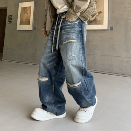 Rope Distressed Barrel Denim Pants