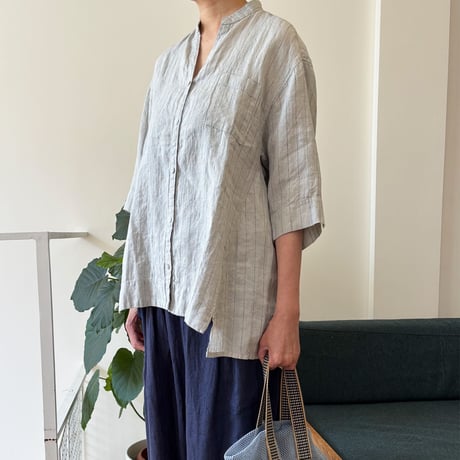 Lino e lina リーノエリーナ リネン 前あきブラウス 6分袖 ストライプ 