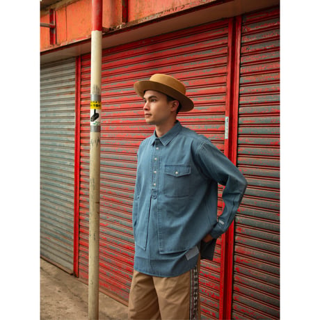 (Okinawa Tailored)Bleached wash Denim Pullover shirts Layered-Look