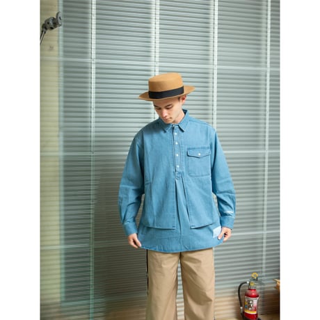 (Okinawa Tailored)Bleached wash Denim Pullover shirts Layered-Look