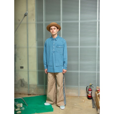(Okinawa Tailored)Bleached wash Denim Pullover shirts Layered-Look