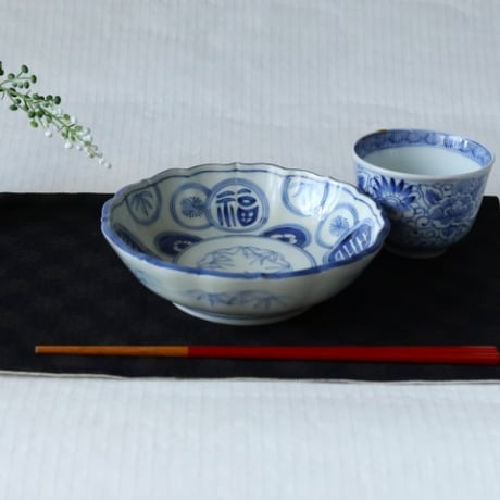 ■伊万里　福・寿丸文 染付 なます皿　明治以降　o-49