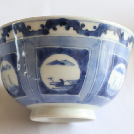 古伊万里 染付 丸枠山水文 蓋付茶碗 江戸後期　o-17