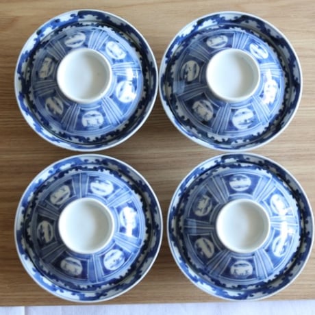 古伊万里 染付 丸枠山水文 蓋付茶碗 江戸後期　o-17