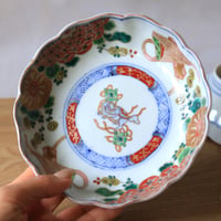 伊万里 色絵 金彩 輪花なます皿 獅子文 明治期　o- 122