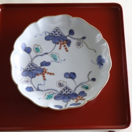 伊万里焼 染付 葡萄文 色絵 金彩 中皿 21cm アンティーク o-7