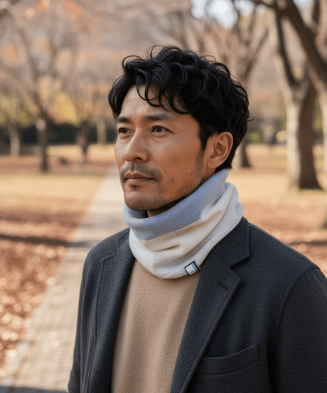 日本製　カシミヤ100％ リブスヌードBICOLOR elalto HIKE（エルアルトハイク）LIGHT BLUE/WHITE