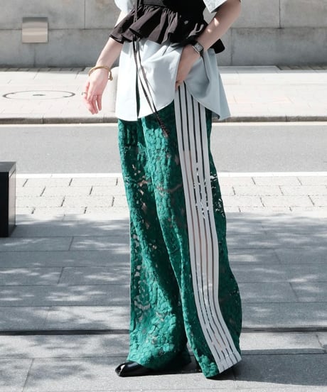 Green Side Stripe Lace Wide Pants