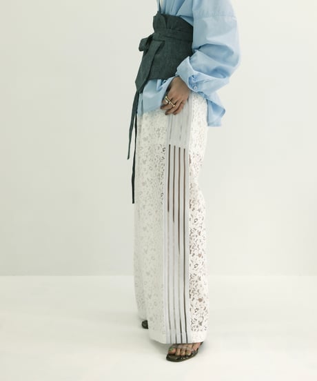 White Side Stripe Lace Wide Pants
