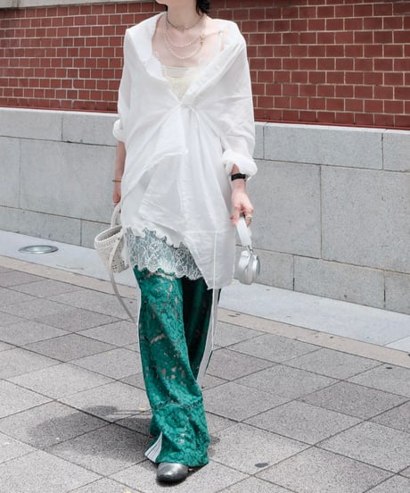 Green Side Stripe Lace Wide Pants