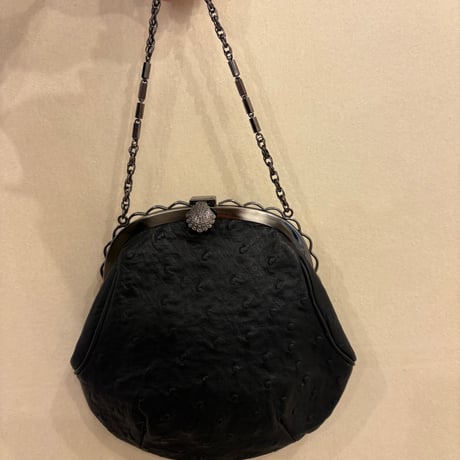 ブラックレザー クラッチバッグ メタルチェーン付き
