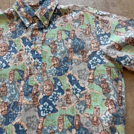 Reyn Spooner tikiマスク 総柄プルオーバー 半袖シャツ