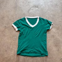 vintage y２k グリーンと白のリンガーピチTEE